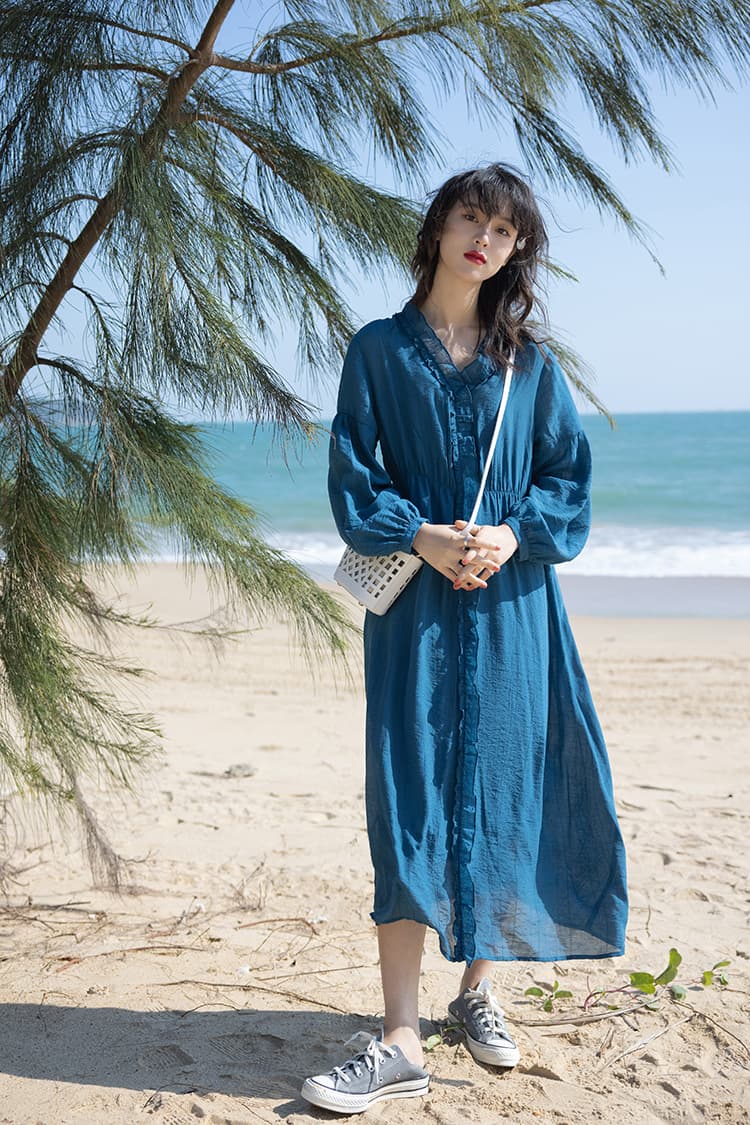 大人ワンピース ロング ふんわり袖のギャザーリネンワンピース