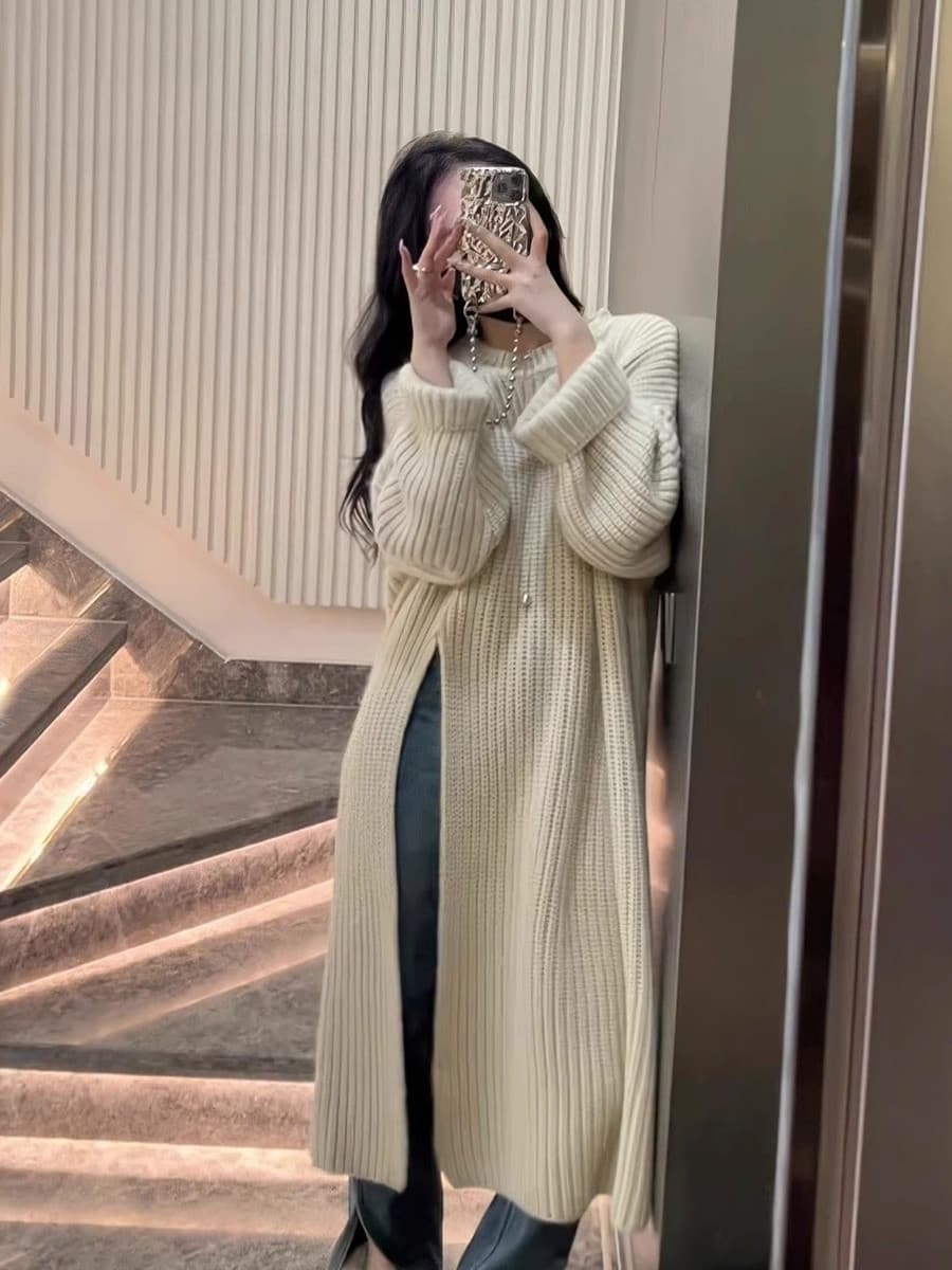 大人ワンピース ロング リブ編み サイドスリットワンピース