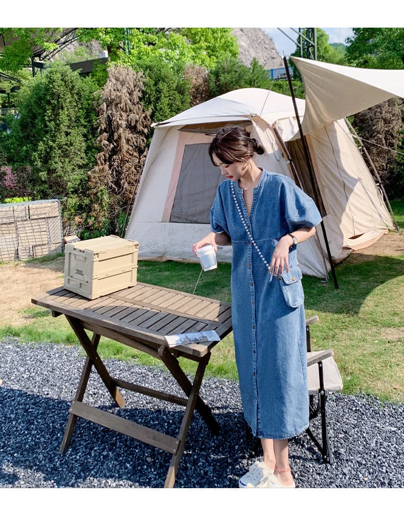大人ワンピース ロング ノーカラーデニムワンピース