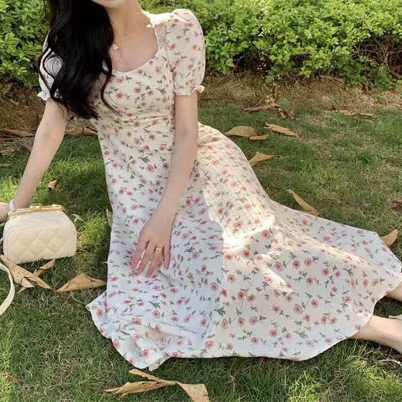 大人ワンピース ロング 上品華やかな花柄パフスリーブワンピース