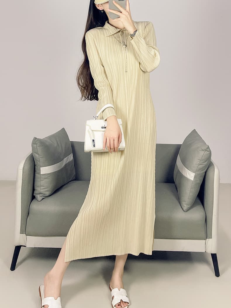 大人ワンピース ロング プリーツ加工シャツカラーワンピース