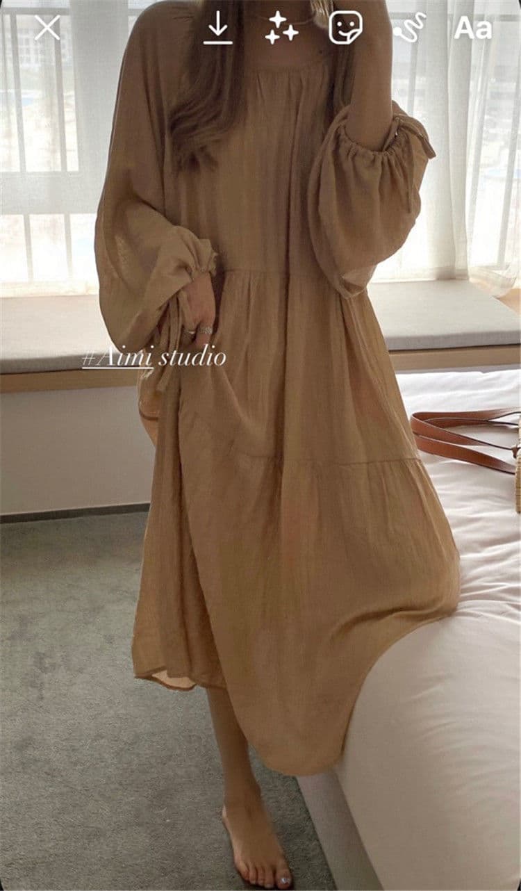 大人ワンピース ロング ふんわり袖のティアードワンピース