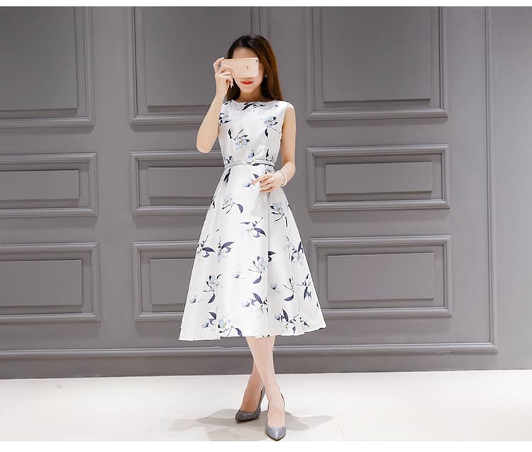 大人ワンピース ロング 優美な花びら舞う ノースリーブミモレ丈ワンピース