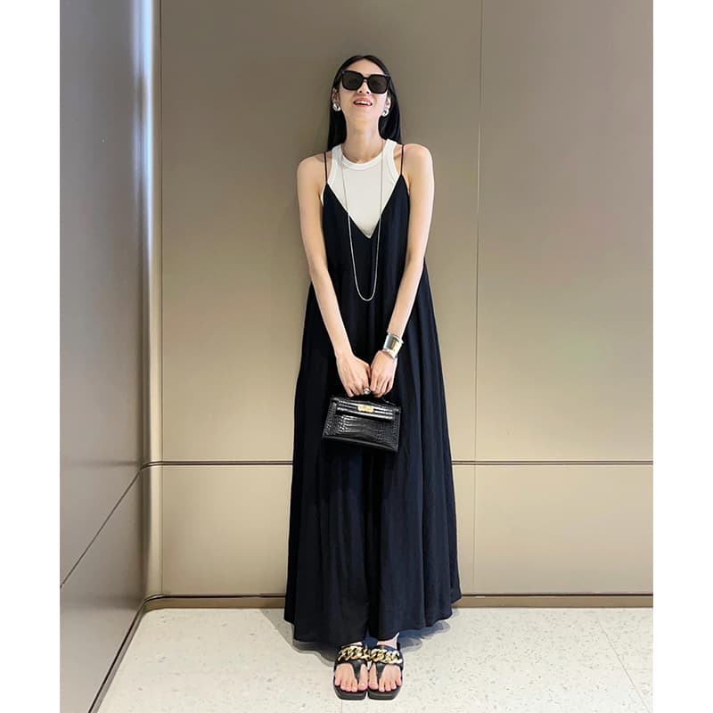 大人ワンピース ロング 重ね着風キャミソールロングワンピース