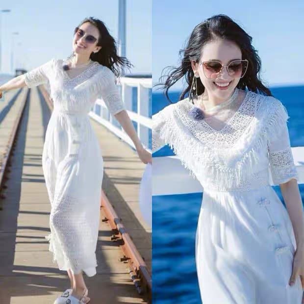 大人ワンピース ロング フリンジレース ワンピース