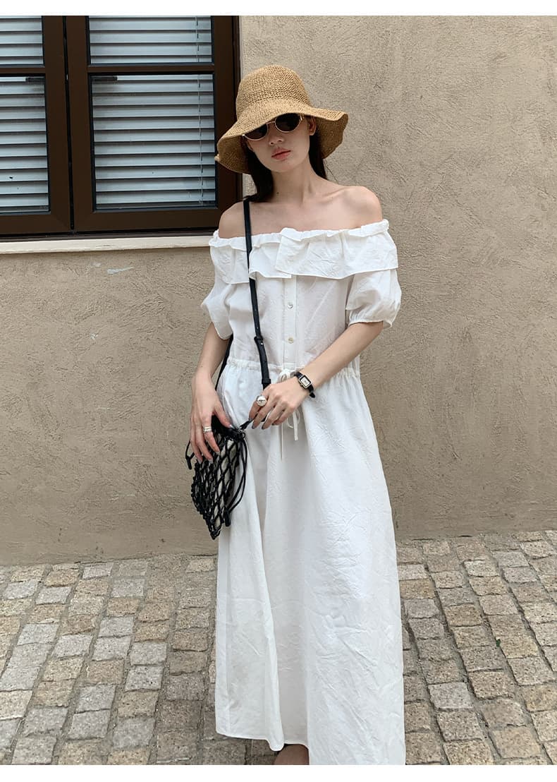大人ワンピース ロング フリルデコルテ リゾートロングワンピース