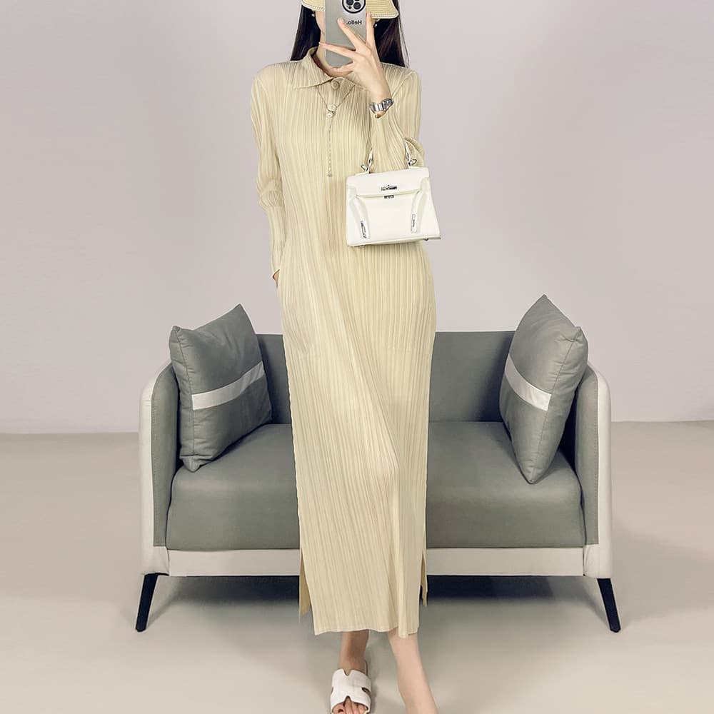 大人ワンピース ロング プリーツ加工シャツカラーワンピース