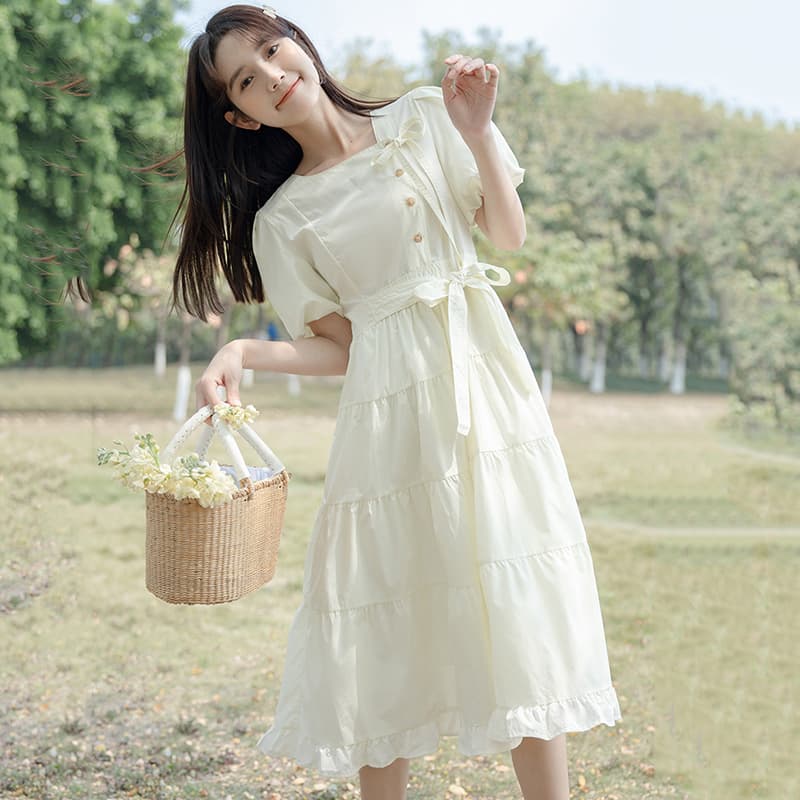 大人ワンピース ロング ふんわりパフスリーブ リボンティアードワンピース