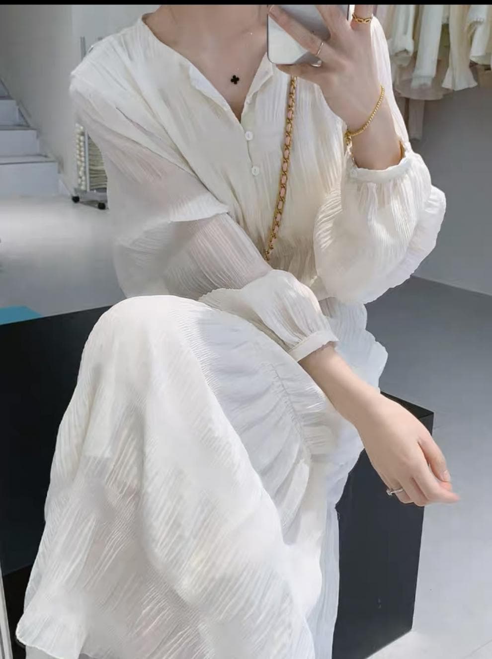 大人ワンピース ロング ふんわり袖のティアードロングワンピース