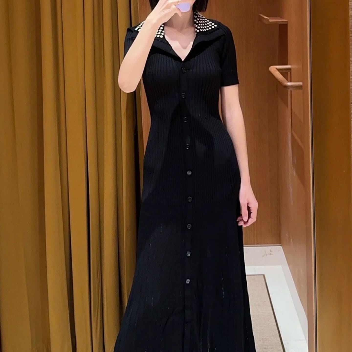 大人ワンピース ロング ドット襟リブニットワンピース