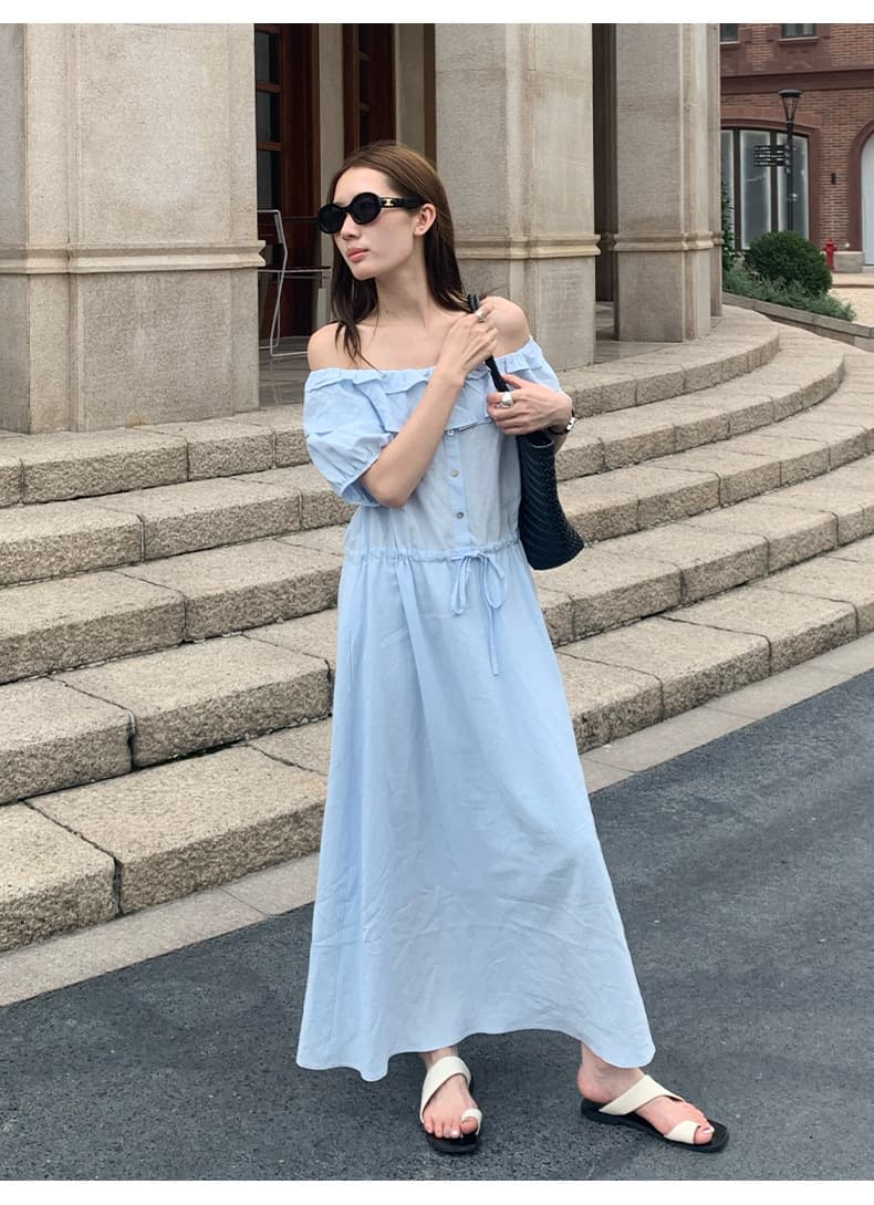 大人ワンピース ロング フリルデコルテ リゾートロングワンピース