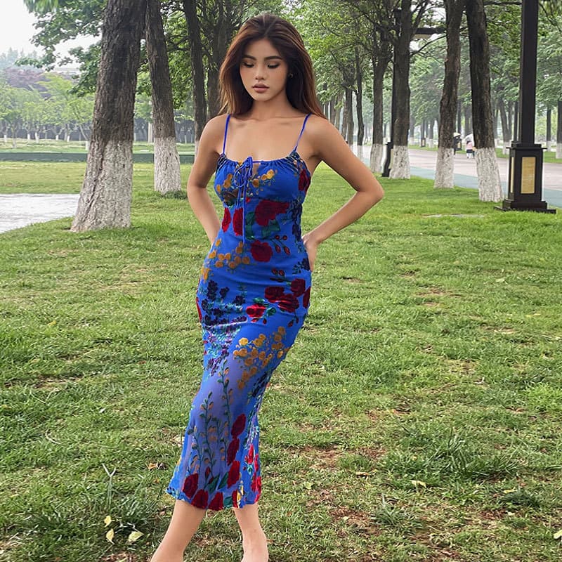 大人ワンピース ロング 大人なゆらめき花柄キャミワンピース