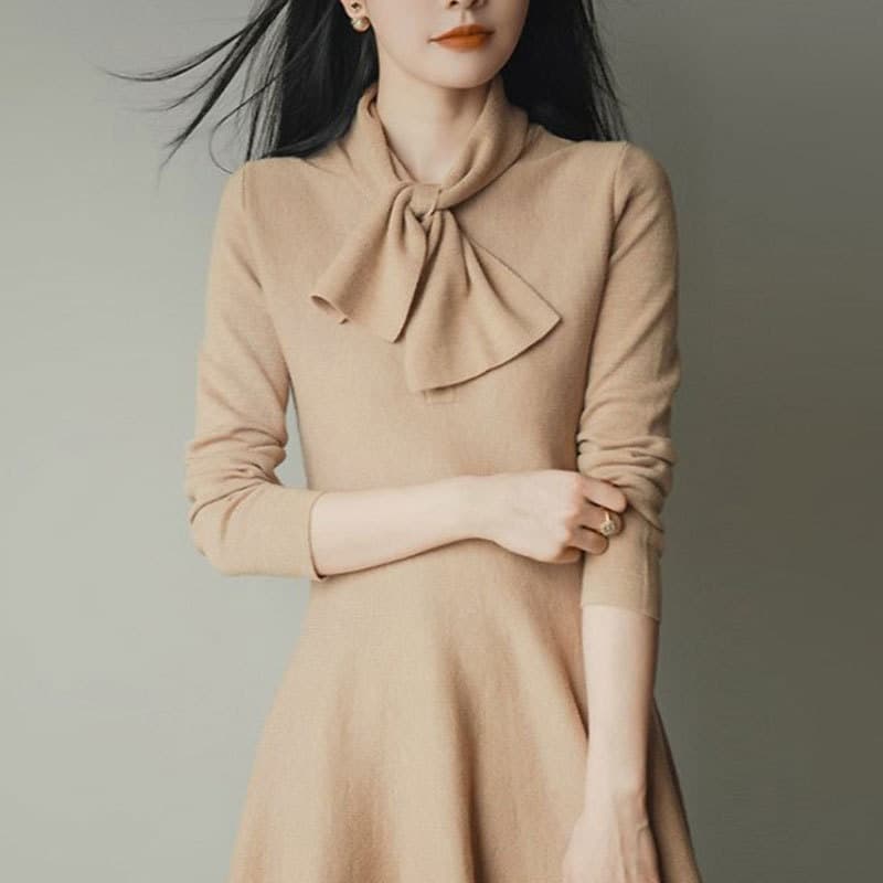 大人ワンピース ロング リボンタイ付き上品大人ワンピース