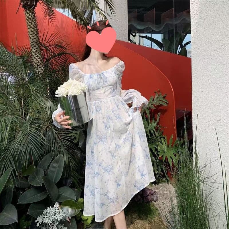 大人ワンピース ロング 優美な花柄パフスリーブワンピース