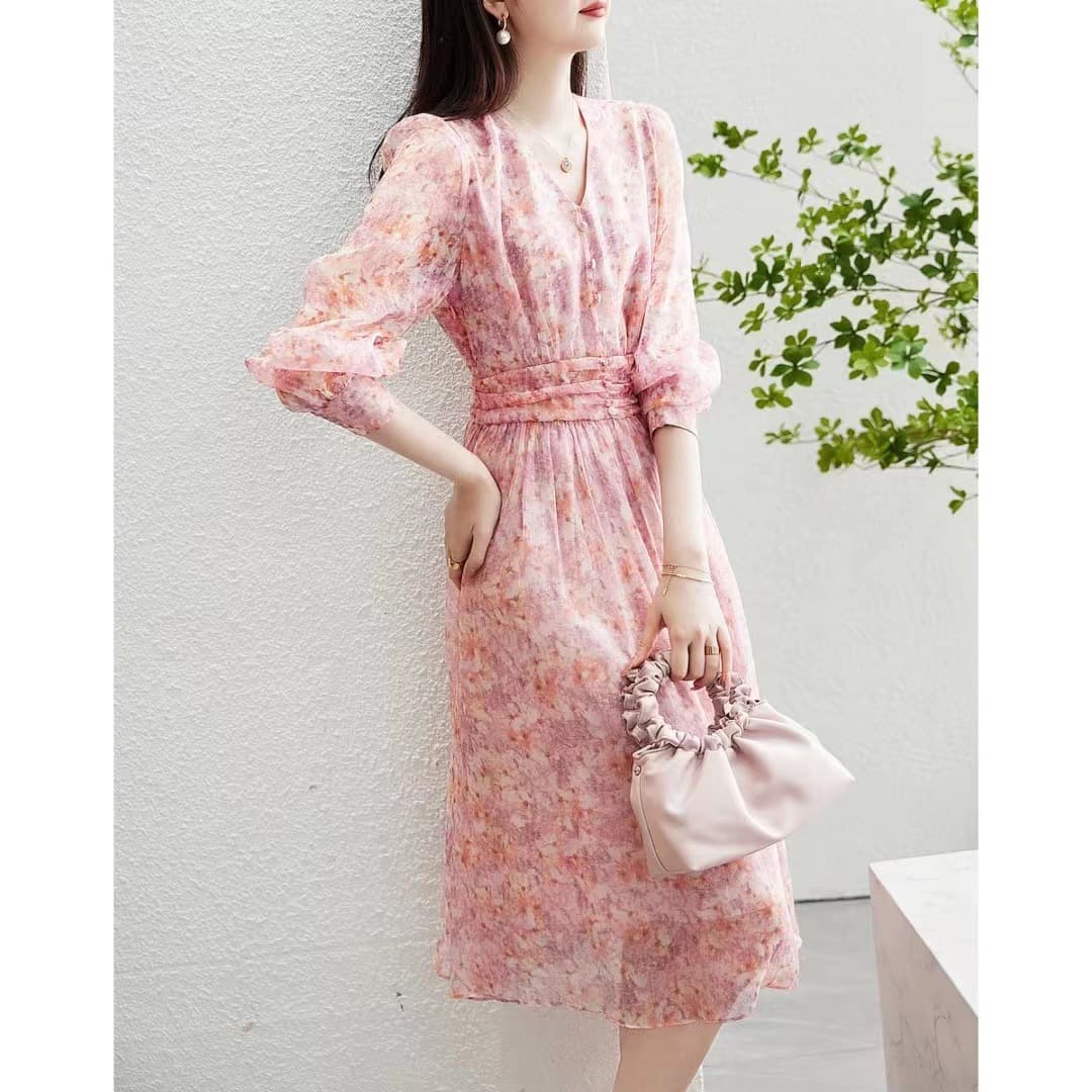 大人ワンピース ロング 花柄シフォンギャザーワンピース