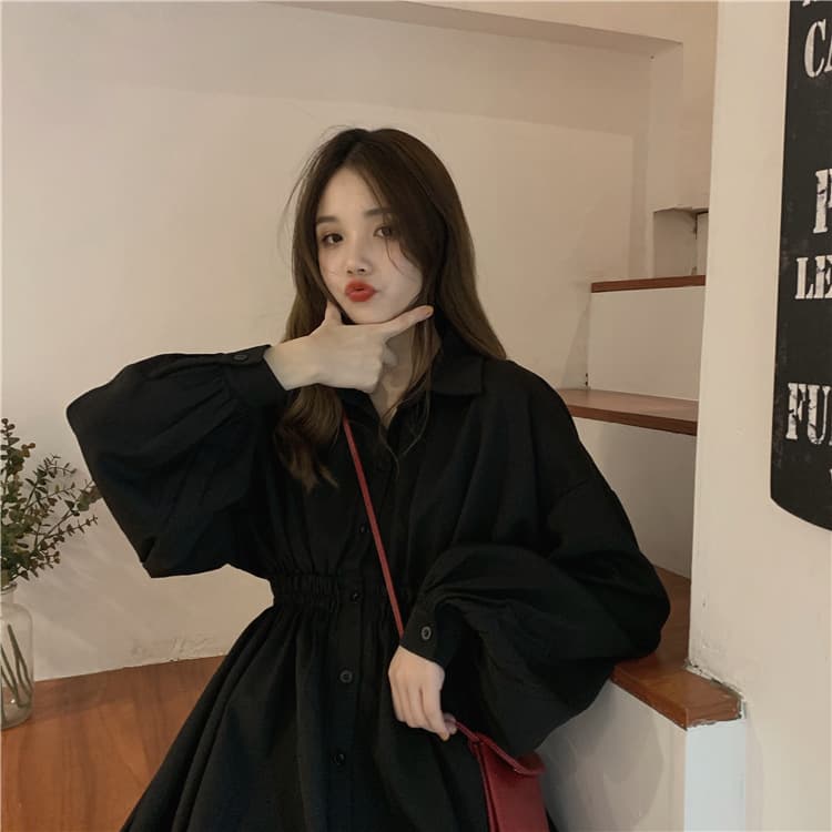 大人ワンピース 長袖シャツワンピース黒きれいめ大人ミディ丈