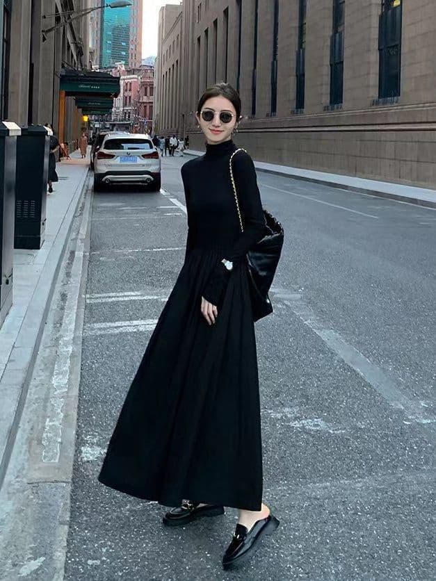 大人ワンピース ロング 優美ハイネックギャザーワンピース