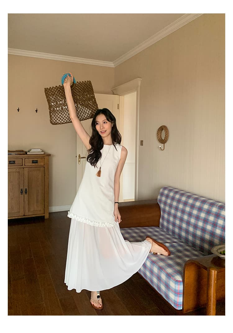 大人ワンピース ロング シフォン切替フリルロングワンピース