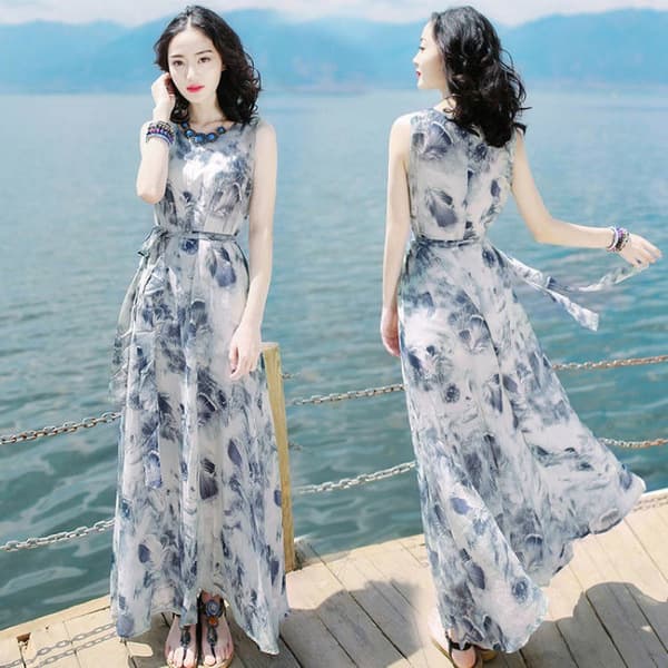 大人ワンピース ロング 優美な花模様 シフォンマキシワンピース
