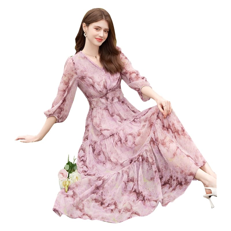 大人ワンピース ロング 優美な花柄シフォンロングワンピース