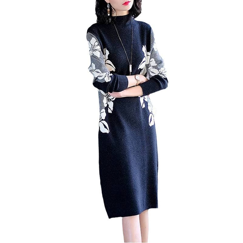大人ワンピース ロング 花柄×モックネックワンピース