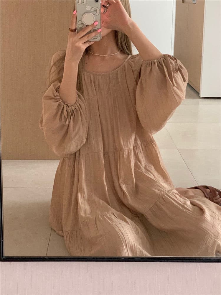 大人ワンピース ロング ふんわり袖のティアードワンピース