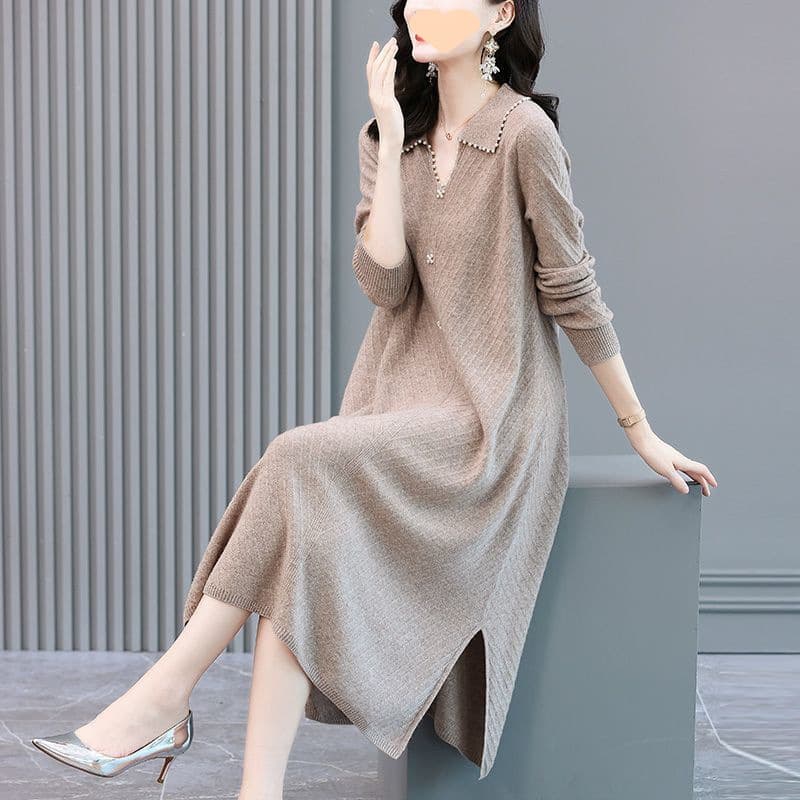 大人ワンピース ロング ゆったり着やすい スリット入りニットワンピース