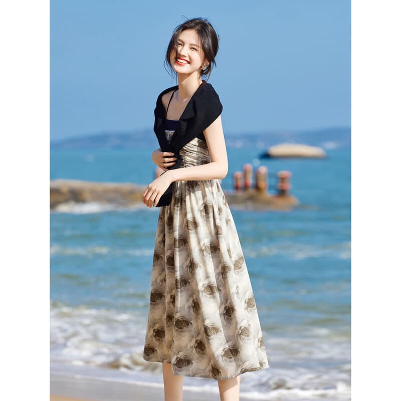 大人ワンピース ロング 優美な薔薇模様 ギャザーワンピース