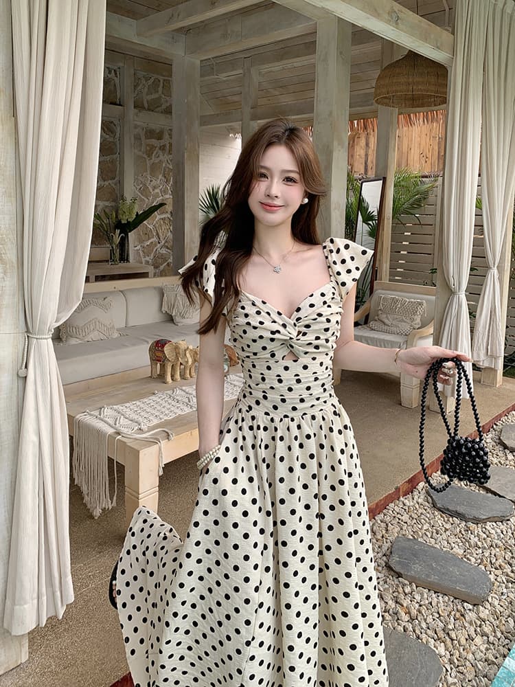 大人ワンピース ロング フリルドット柄ロングワンピース