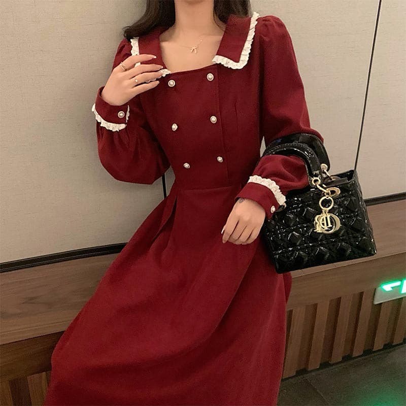 大人ワンピース ロング レトロ調フリル襟ロング丈ワンピース