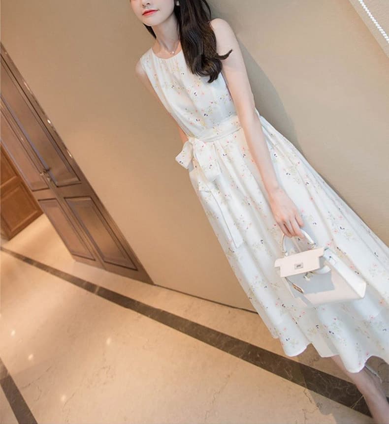 大人ワンピース ロング 花柄ノースリーブギャザーワンピース