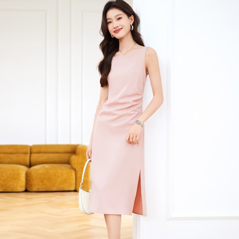 大人ワンピース ロング シンプル上品スリット入りワンピース