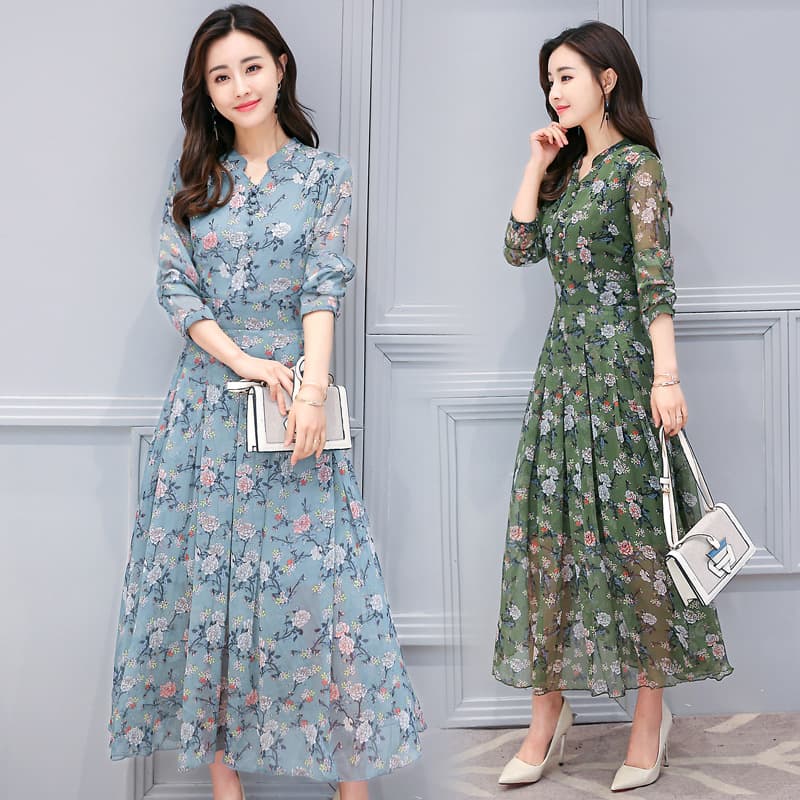 大人ワンピース ロング 花柄シフォンロングワンピース