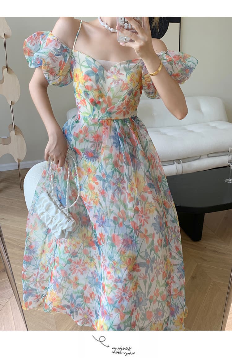 大人ワンピース ロング 花柄シアーギャザーワンピース