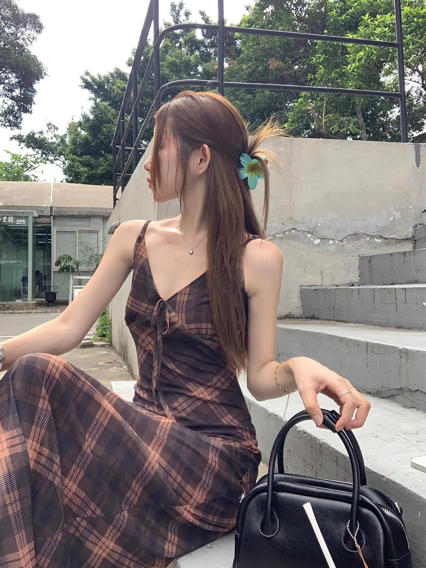 大人ワンピース ロング 格子柄キャミソールロングワンピース