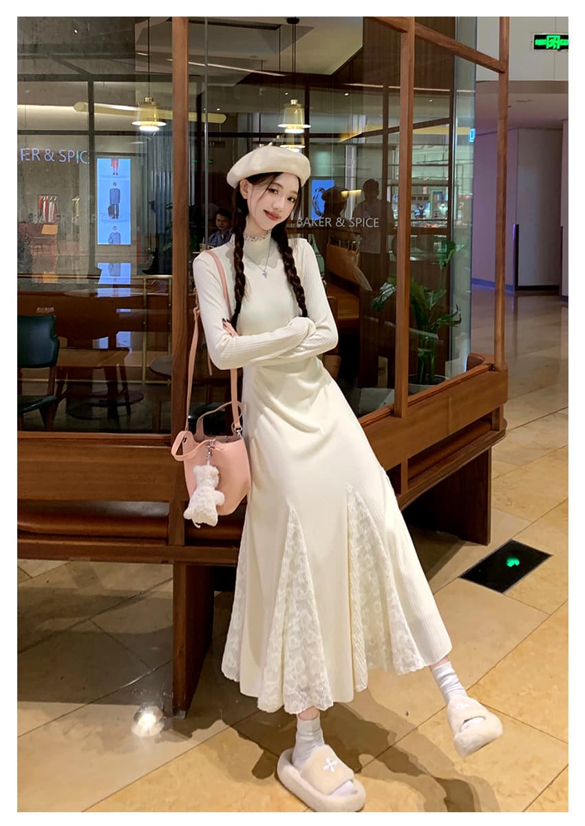 大人ワンピース ロング レース切替フレアワンピース