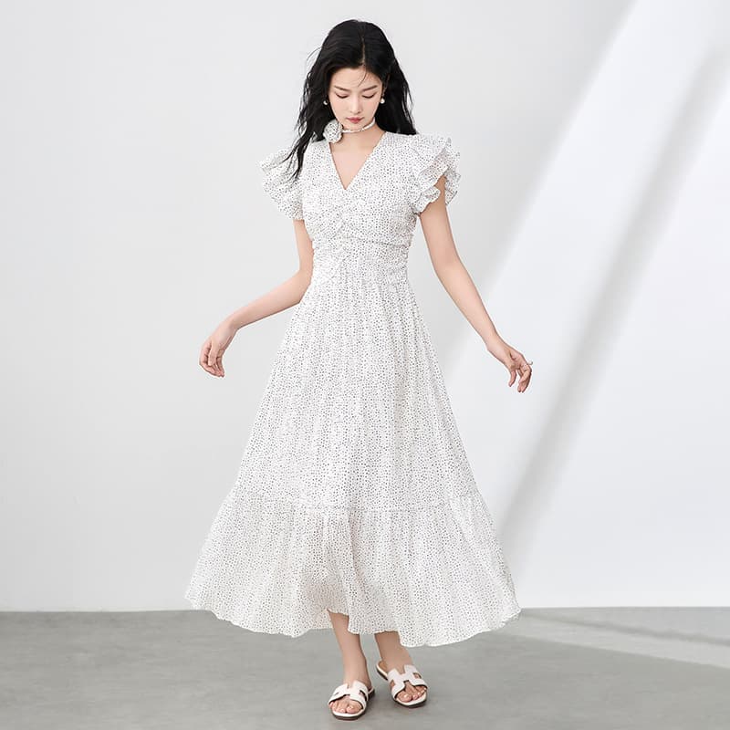 大人ワンピース ロング フリルスリーブロングワンピース