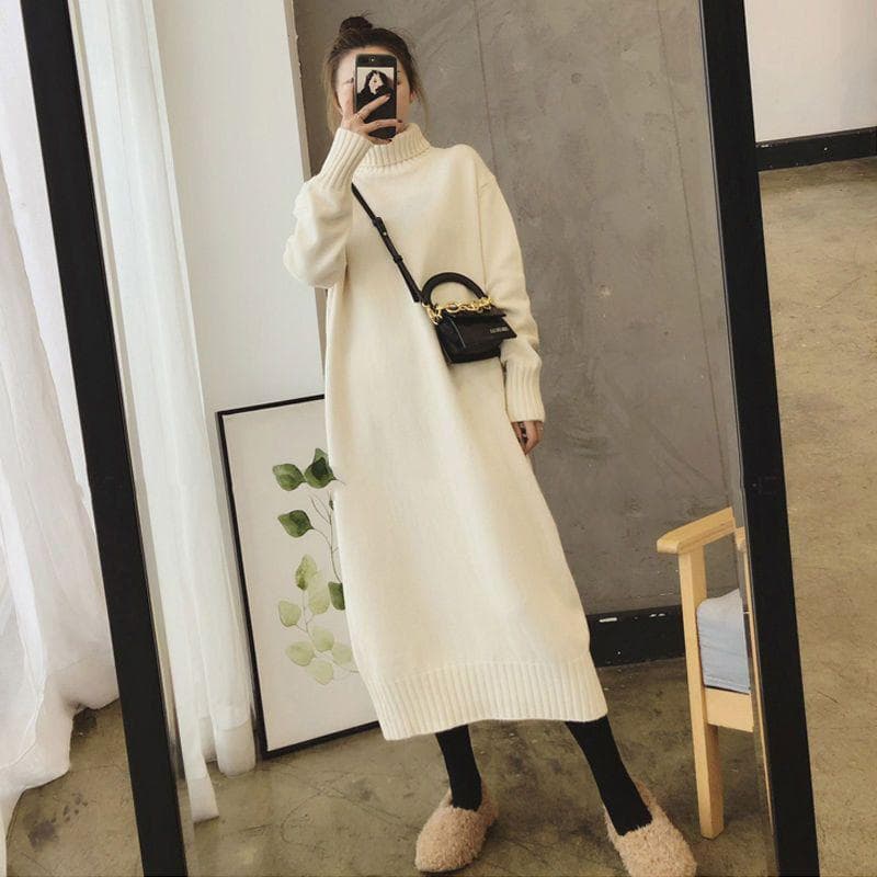 大人ワンピース ロング ゆったりタートルニットワンピース