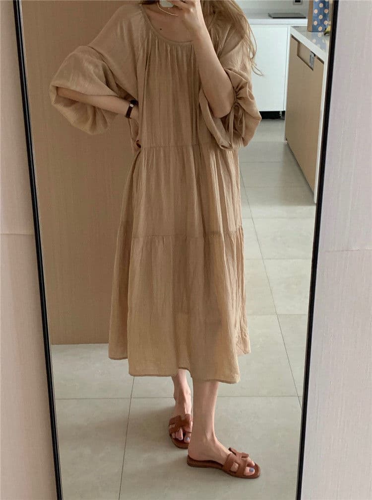 大人ワンピース ロング ふんわり袖のティアードワンピース