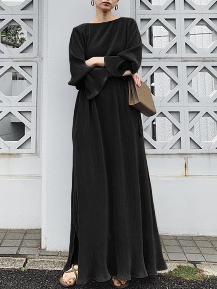 大人ワンピース ロング シンプル優美フレア袖ロングワンピース