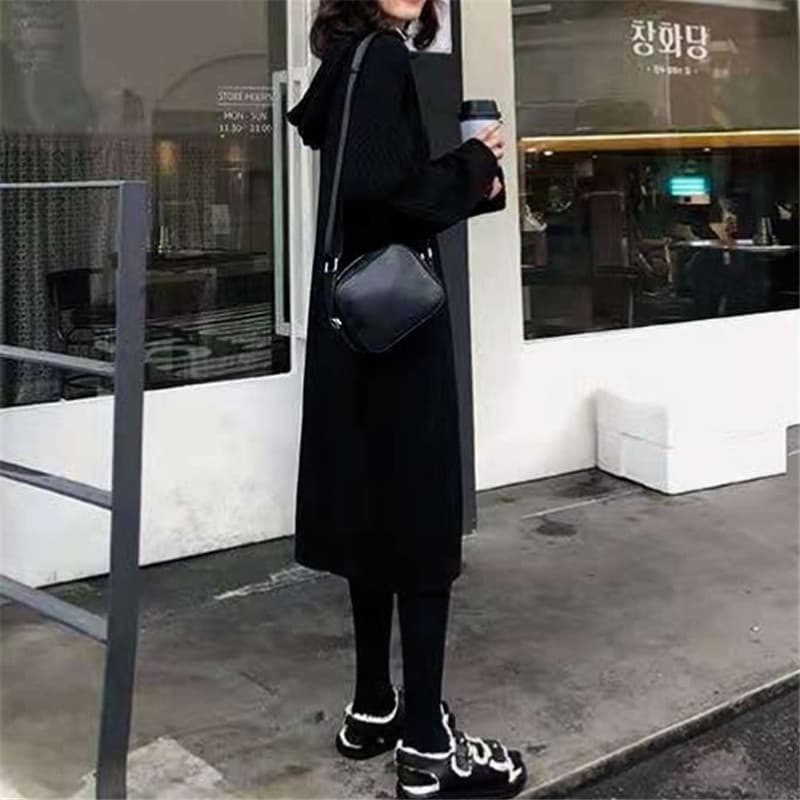 大人ワンピース ロング リブ編み ロング丈フード付きニットワンピース