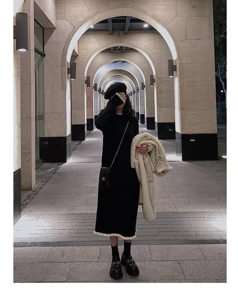 大人ワンピース ロング フリル裾付きニットワンピース