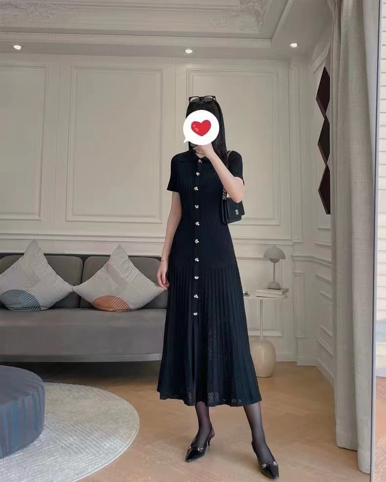 大人ワンピース ロング リブニット縦ボタン フレアワンピース