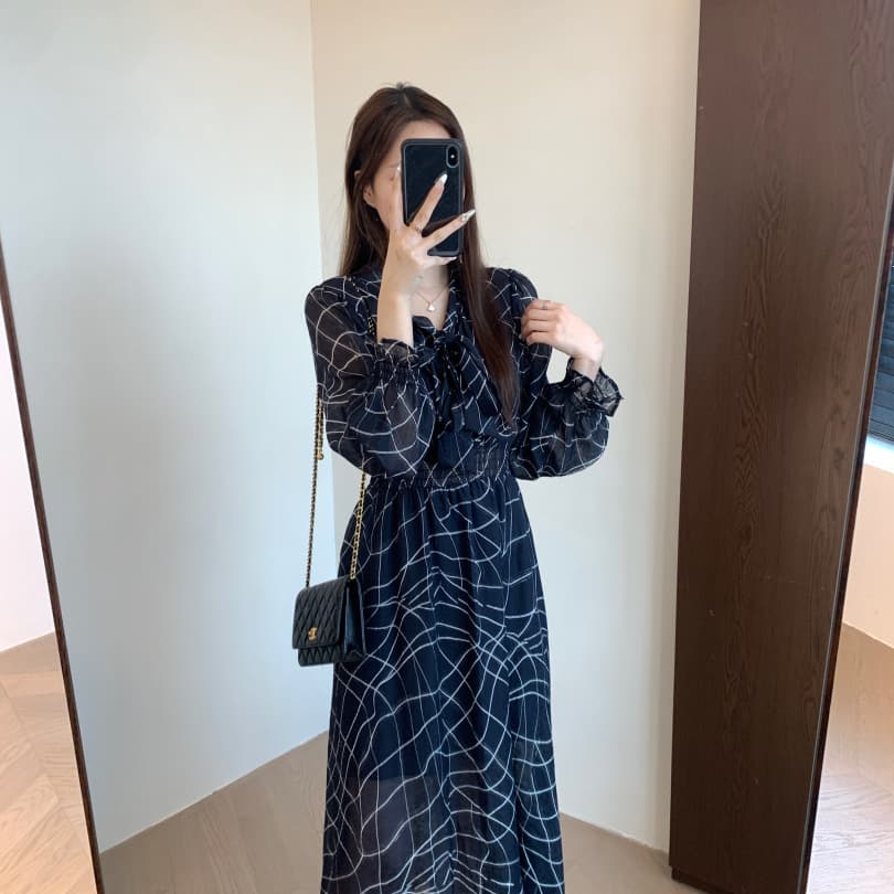 大人ワンピース ロング リボン飾り格子柄シフォンロングワンピース