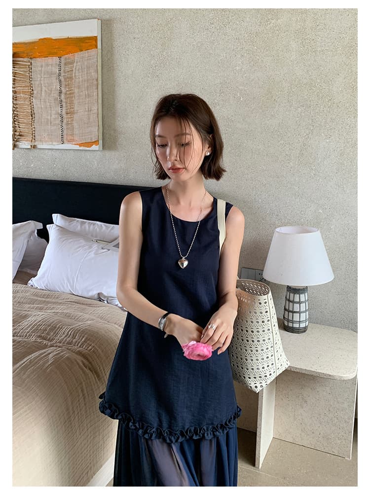 大人ワンピース ロング シフォン切替フリルロングワンピース