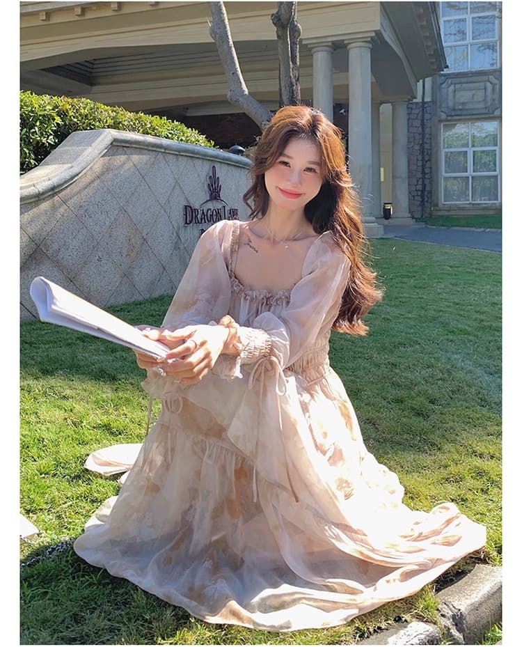 大人ワンピース ロング 優美な花柄ティアードワンピース