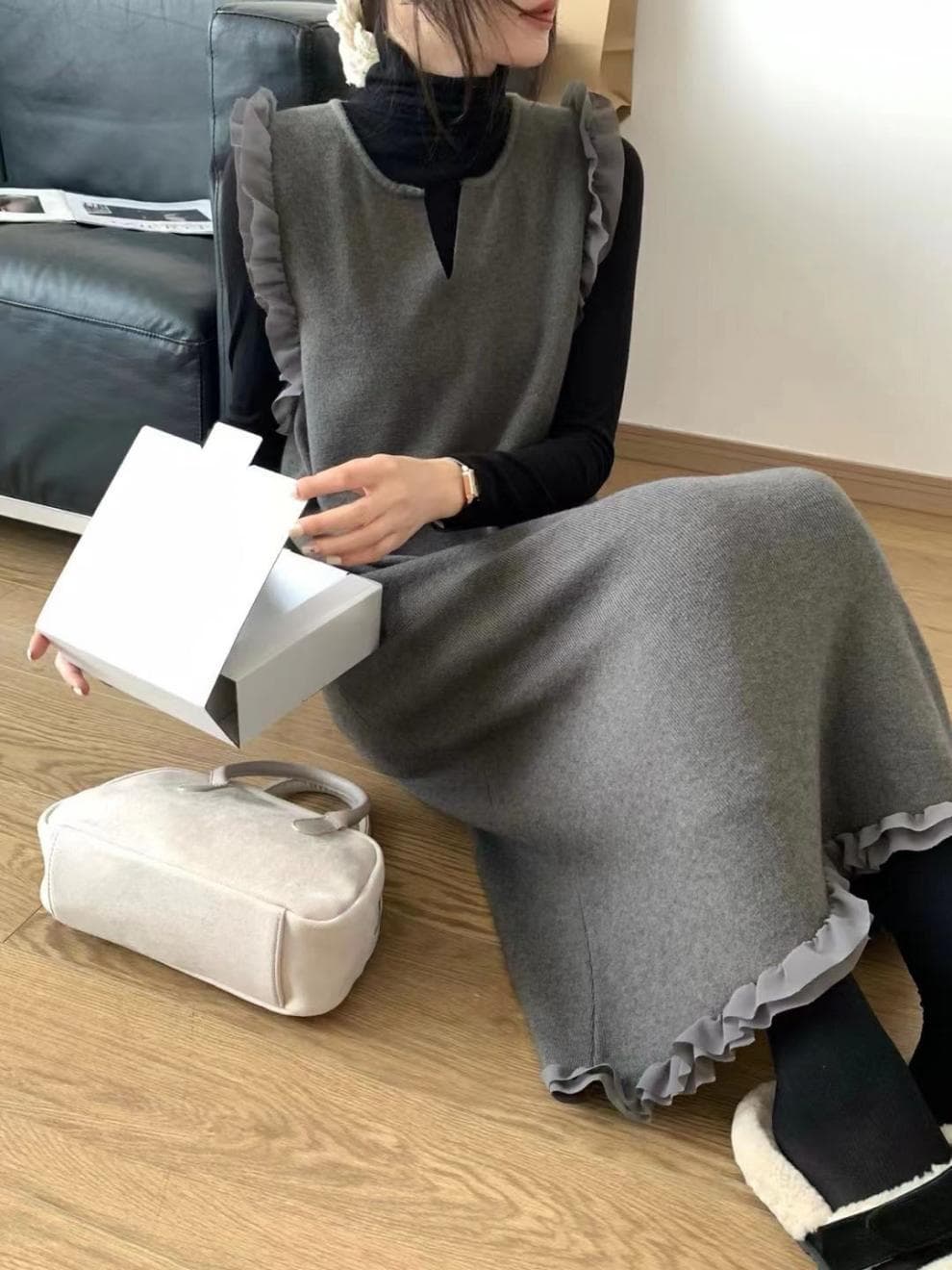 大人ワンピース フリル袖ジャンパースカート ロング丈 重ね着風ワンピース