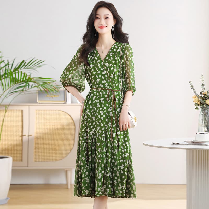 大人ワンピース ロング 花柄シアー素材パフスリーブ