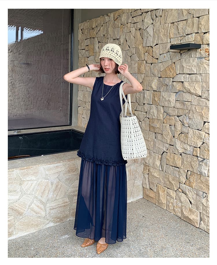 大人ワンピース ロング シフォン切替フリルロングワンピース