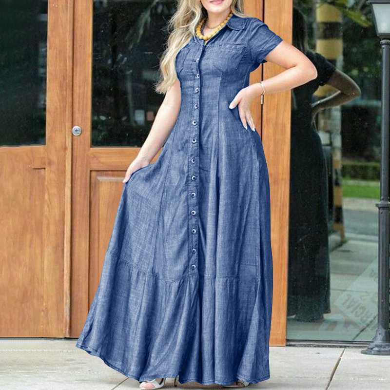 大人ワンピース ロング 前開きフレアシャツカラーロングワンピース